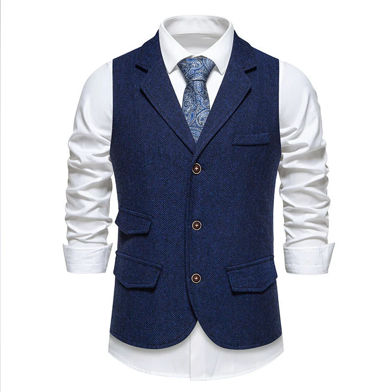 Herren Tweed-Weste mit Fischgrätstruktur, Reverskragen und Pattentaschen Drune