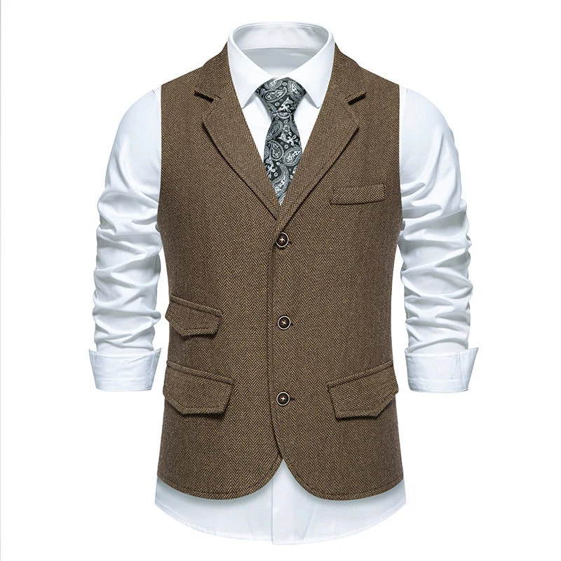 Herren Tweed-Weste mit Fischgrätstruktur, Reverskragen und Pattentaschen Drune