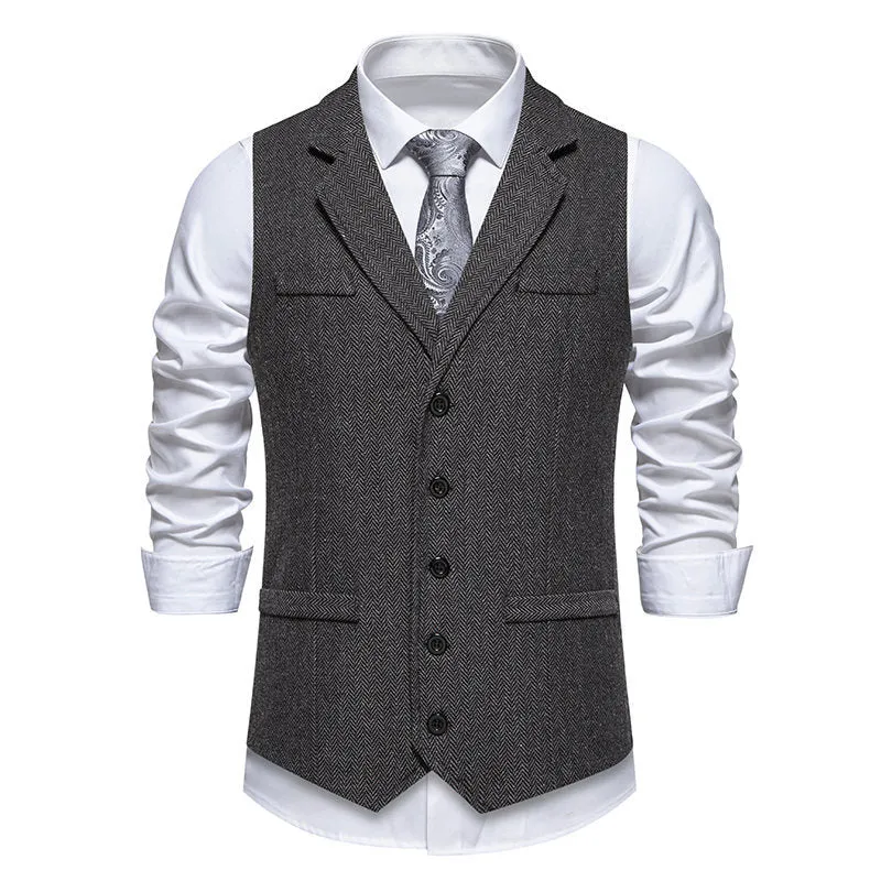 Herren Tweed-Weste mit Fischgrätmuster, Reverskragen und Pattentaschen Drune