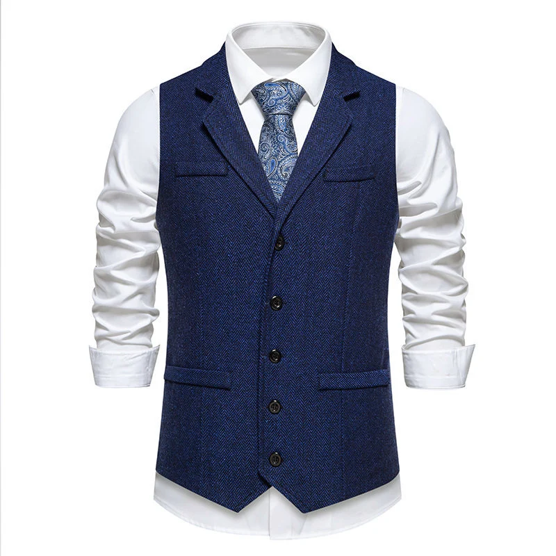 Herren Tweed-Weste mit Fischgrätmuster, Reverskragen und Pattentaschen Drune