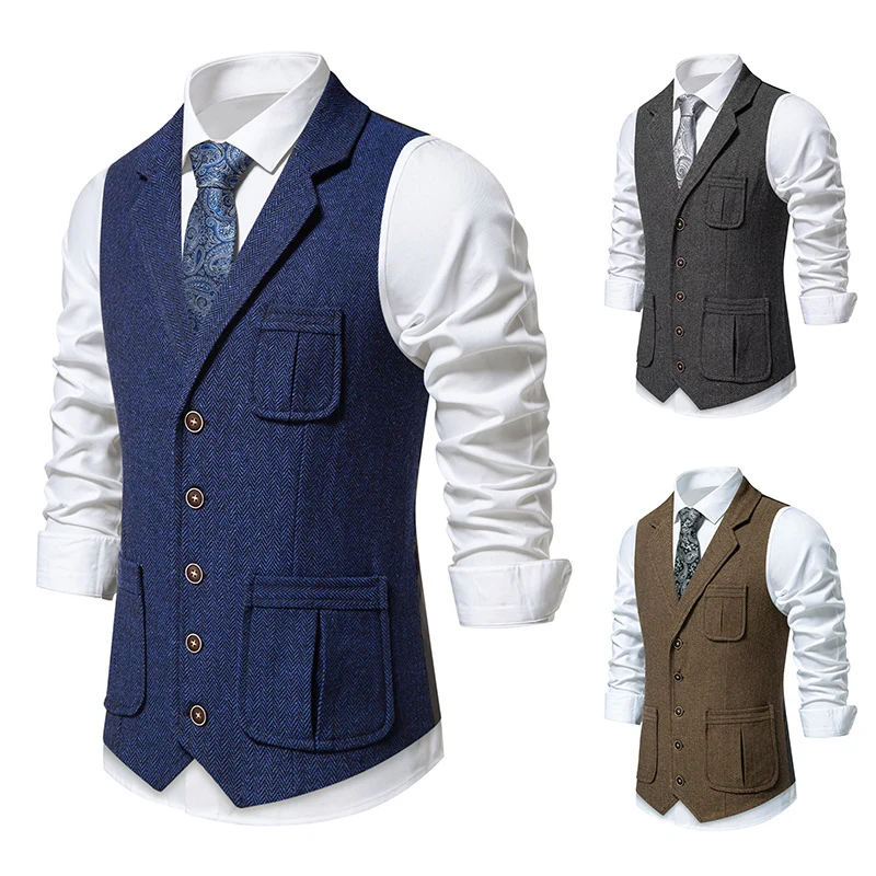 Herren Tweed‑Weste mit Fischgrätmuster, Reverskragen und aufgesetzten Taschen Drune