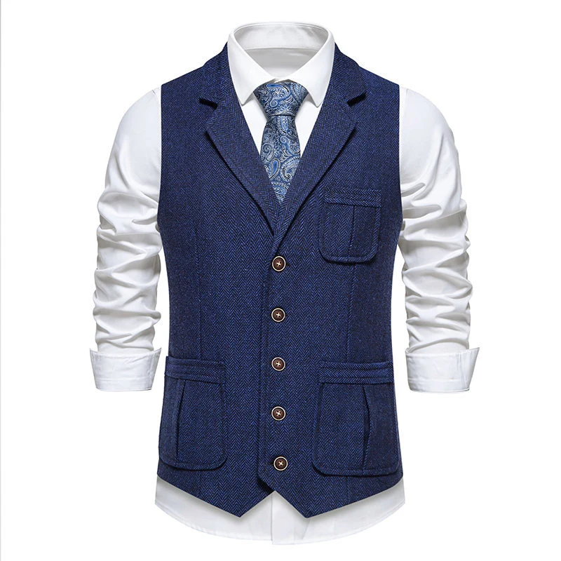 Herren Tweed‑Weste mit Fischgrätmuster, Reverskragen und aufgesetzten Taschen Drune