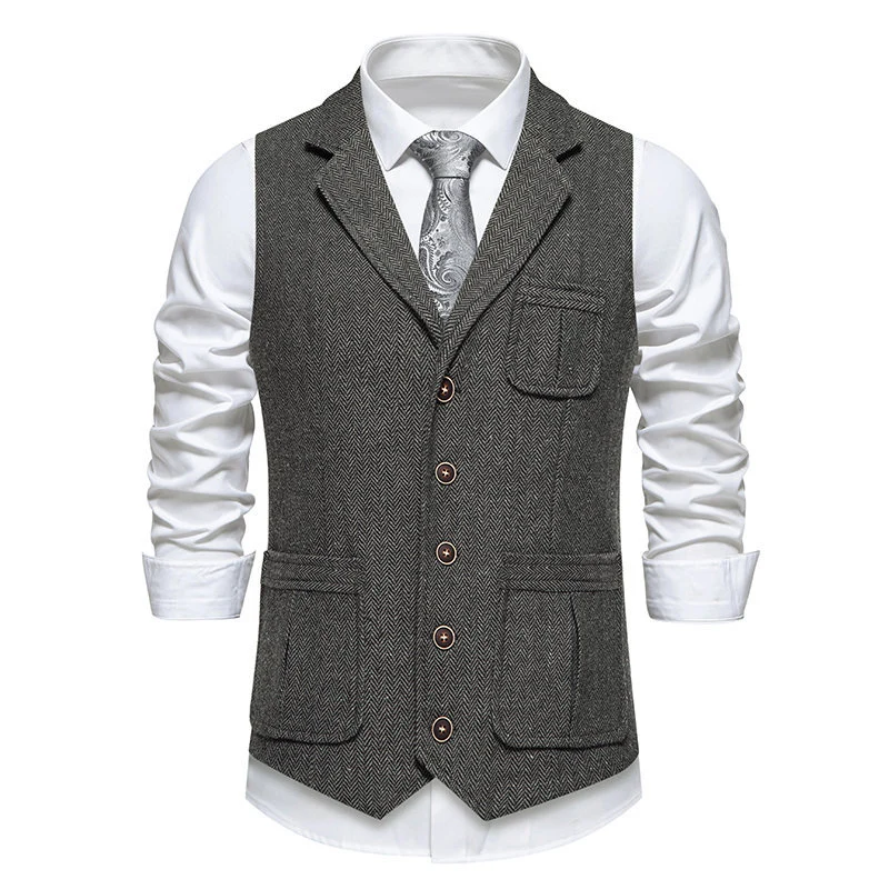 Herren Tweed‑Weste mit Fischgrätmuster, Reverskragen und aufgesetzten Taschen Drune