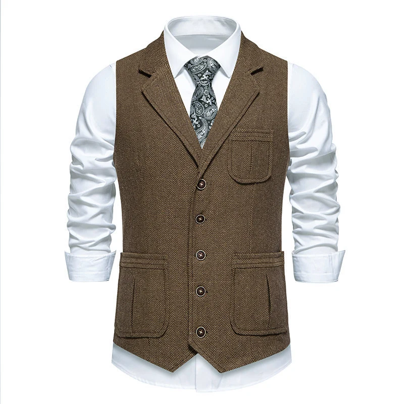 Herren Tweed‑Weste mit Fischgrätmuster, Reverskragen und aufgesetzten Taschen Drune