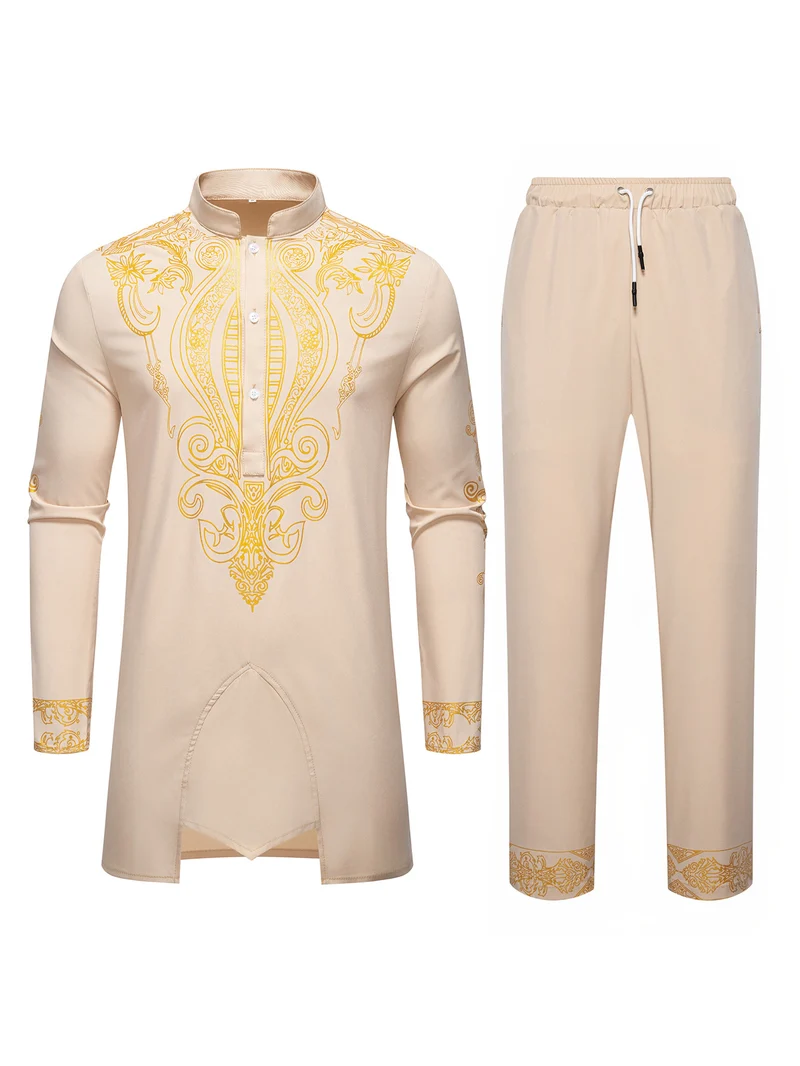 Herren Tunika Anzug mit Stehkragen und ornamentaler Goldapplikation Drune