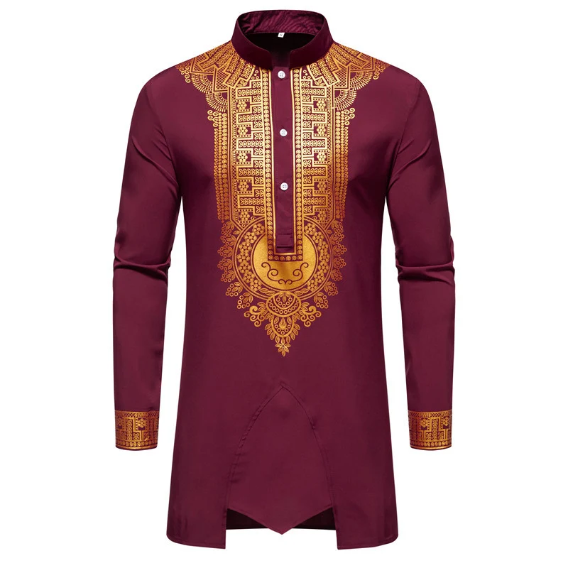 Herren Traditionelles Tunika-Set mit Stehkragen und goldfarbenem Ornamentdruck, Longshirt & Tunnelzughose Drune