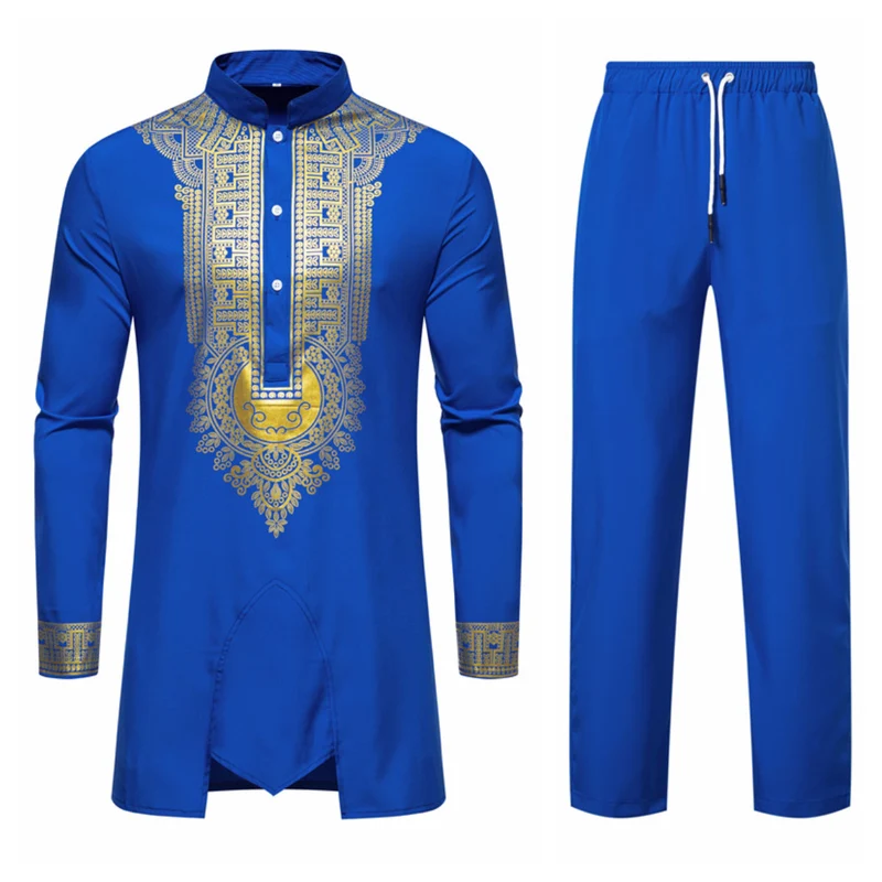 Herren Traditionelles Tunika-Set mit Stehkragen und goldfarbenem Ornamentdruck, Longshirt & Tunnelzughose Drune