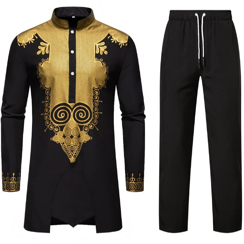 Herren Traditionelles Tunika-Set mit Mandarinkragen und goldverzierten Ornamenten Drune