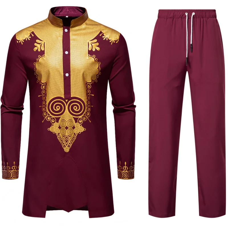 Herren Traditionelles Tunika-Set mit Mandarinkragen und goldverzierten Ornamenten Drune