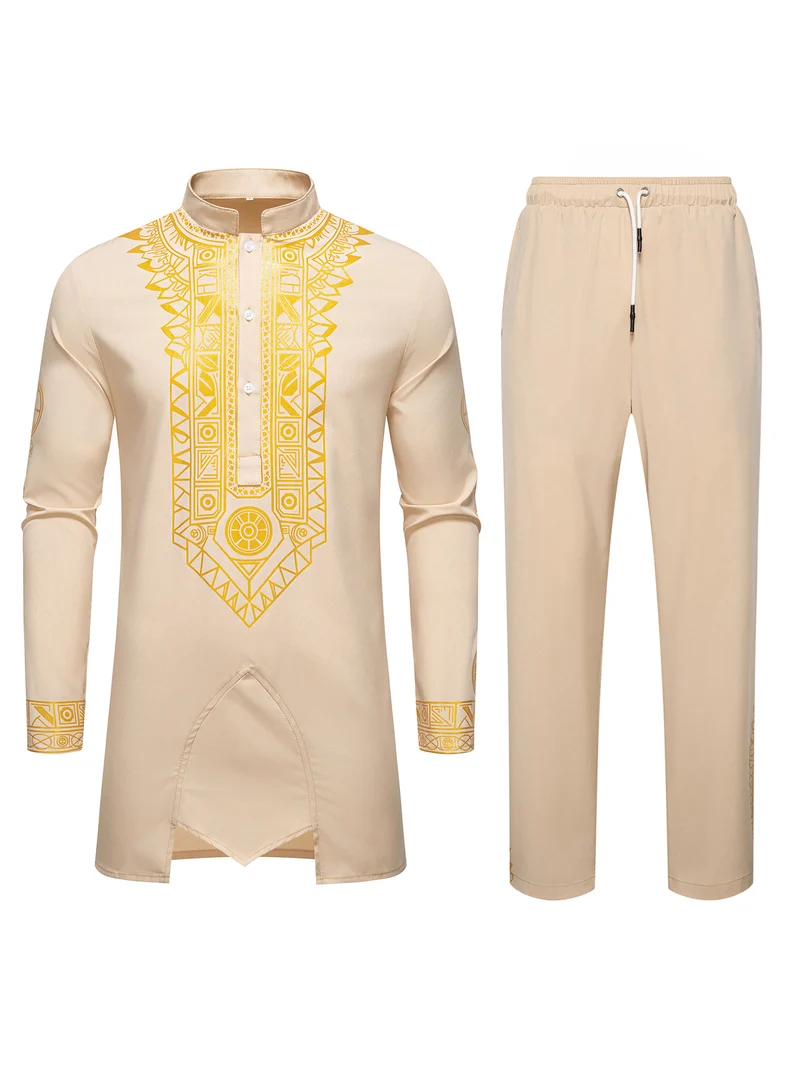 Herren Traditionelles Langarm-Kurta-Set mit Stehkragen, goldfarbenem Ornamentdruck und Tunnelzughose Drune