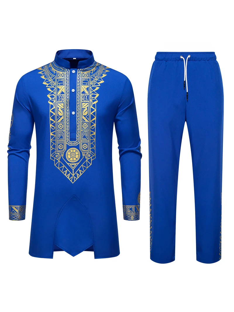 Herren Traditionelles Langarm-Kurta-Set mit Stehkragen, goldfarbenem Ornamentdruck und Tunnelzughose Drune