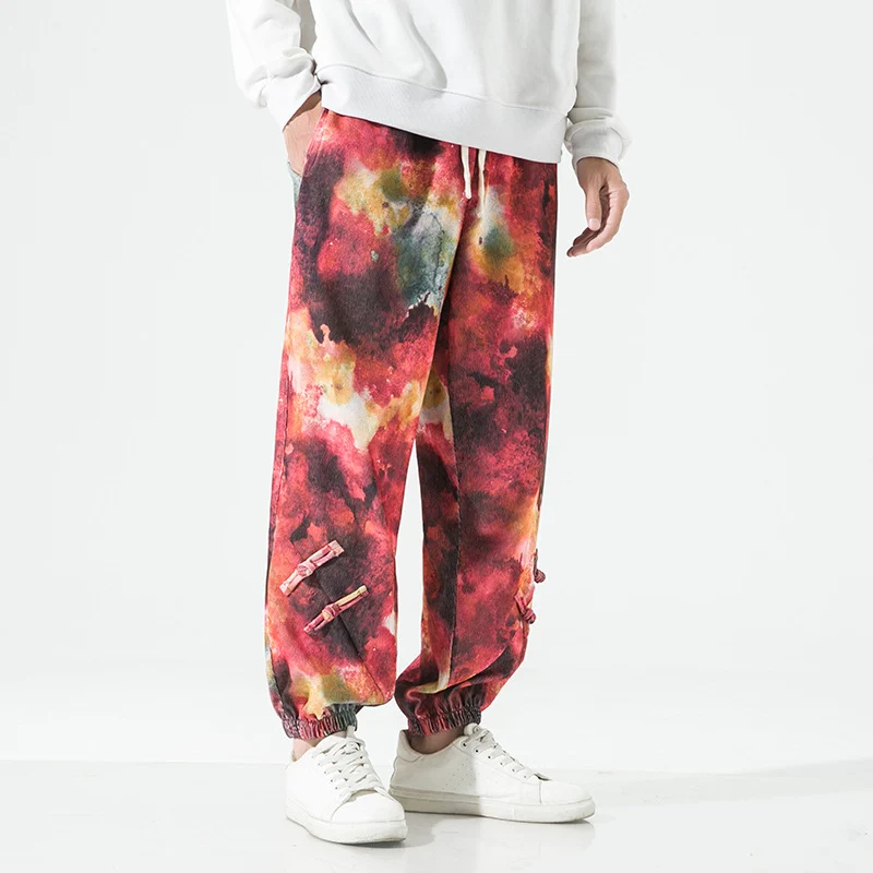 Herren Tie-Dye Baggy Jogginghose mit Tunnelzug, Gummibündchen und dekorativen Riemen Drune
