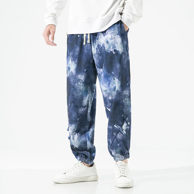 Herren Tie-Dye Baggy Jogginghose mit Tunnelzug, Gummibündchen und dekorativen Riemen Drune