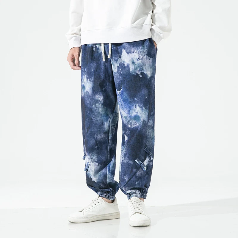 Herren Tie-Dye Baggy Jogginghose mit Tunnelzug, Gummibündchen und dekorativen Riemen Drune