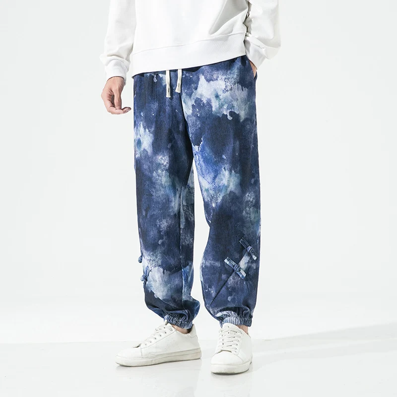 Herren Tie-Dye Baggy Jogginghose mit Tunnelzug, Gummibündchen und dekorativen Riemen Drune