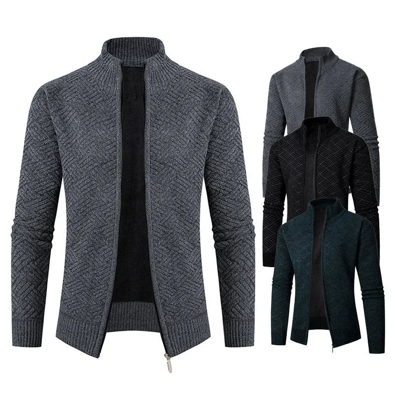 Herren Thermo-Strickjacke mit durchgehendem Reißverschluss, gefüttertem Stehkragen und geometrischem Strukturmuster Drune