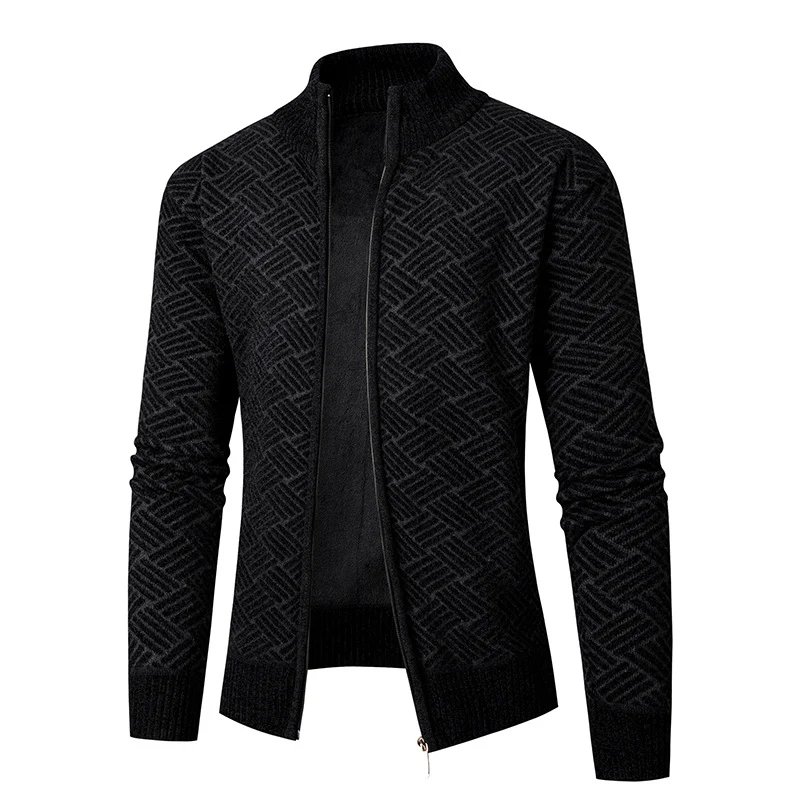 Herren Thermo-Strickjacke mit durchgehendem Reißverschluss, gefüttertem Stehkragen und geometrischem Strukturmuster Drune