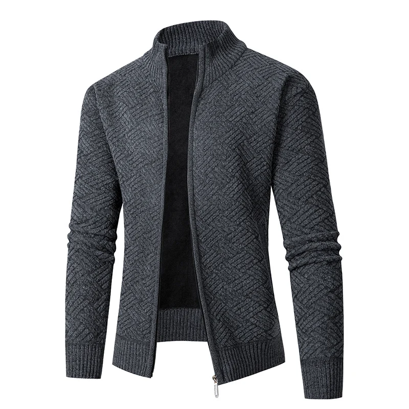 Herren Thermo-Strickjacke mit durchgehendem Reißverschluss, gefüttertem Stehkragen und geometrischem Strukturmuster Drune