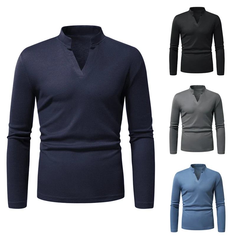 Herren Thermisches Waffel-Strickshirt mit Stehkragen und V‑Ausschnitt Drune