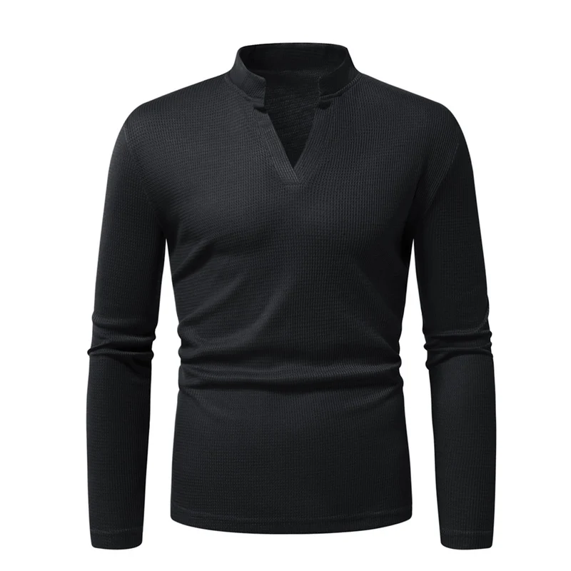Herren Thermisches Waffel-Strickshirt mit Stehkragen und V‑Ausschnitt Drune