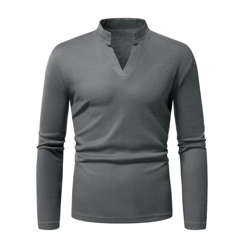 Herren Thermisches Waffel-Strickshirt mit Stehkragen und V‑Ausschnitt Drune
