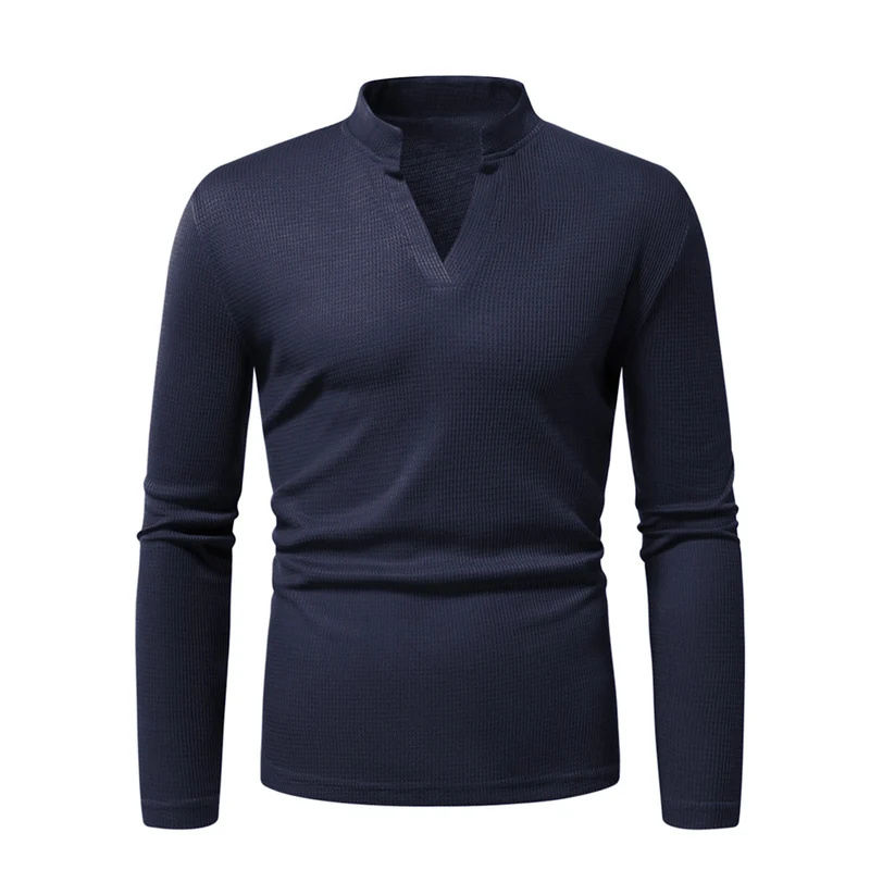 Herren Thermisches Waffel-Strickshirt mit Stehkragen und V‑Ausschnitt Drune