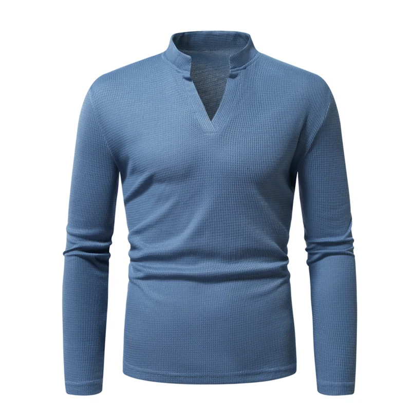 Herren Thermisches Waffel-Strickshirt mit Stehkragen und V‑Ausschnitt Drune