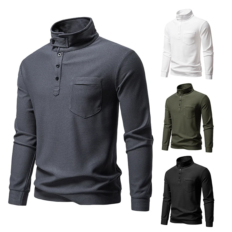 Herren Texturiertes Waffelstrick-Henleyshirt mit hohem Kragen, Knopfleiste und Brusttasche Drune