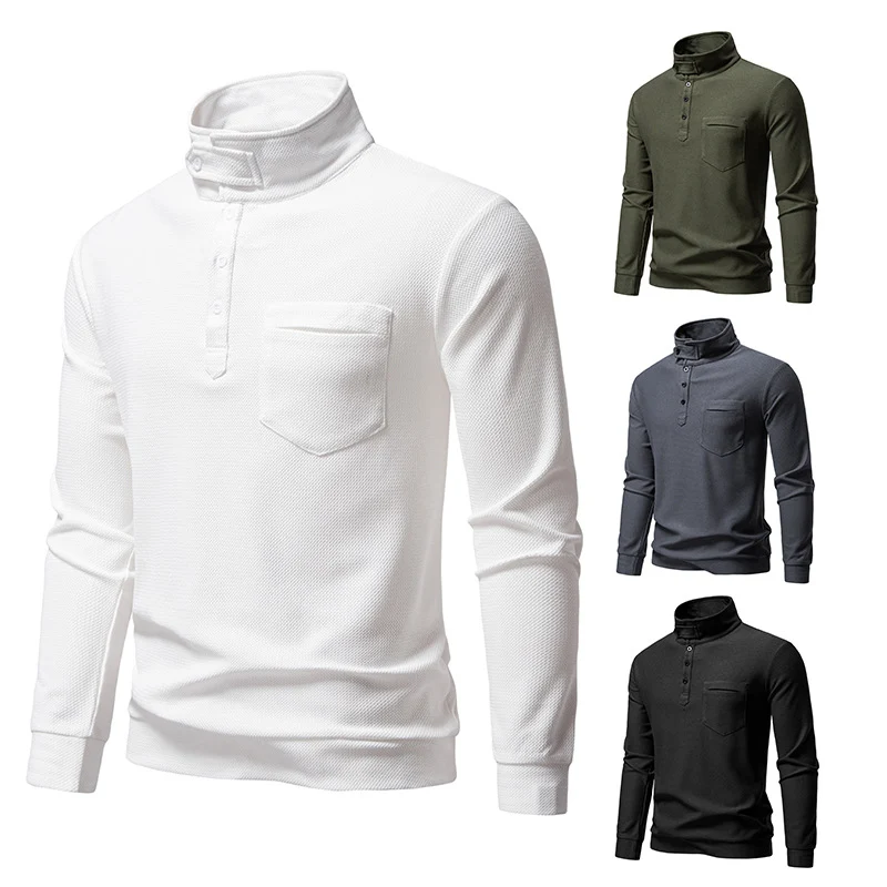 Herren Texturiertes Waffelstrick-Henleyshirt mit hohem Kragen, Knopfleiste und Brusttasche Drune