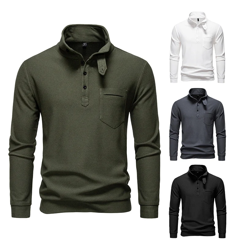 Herren Texturiertes Waffelstrick-Henleyshirt mit hohem Kragen, Knopfleiste und Brusttasche Drune