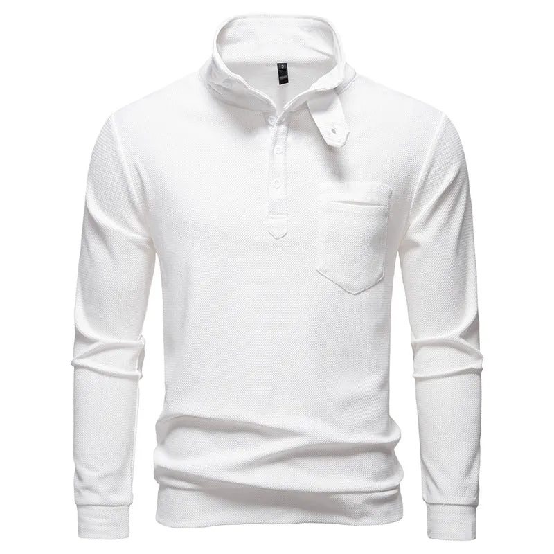 Herren Texturiertes Waffelstrick-Henleyshirt mit hohem Kragen, Knopfleiste und Brusttasche Drune