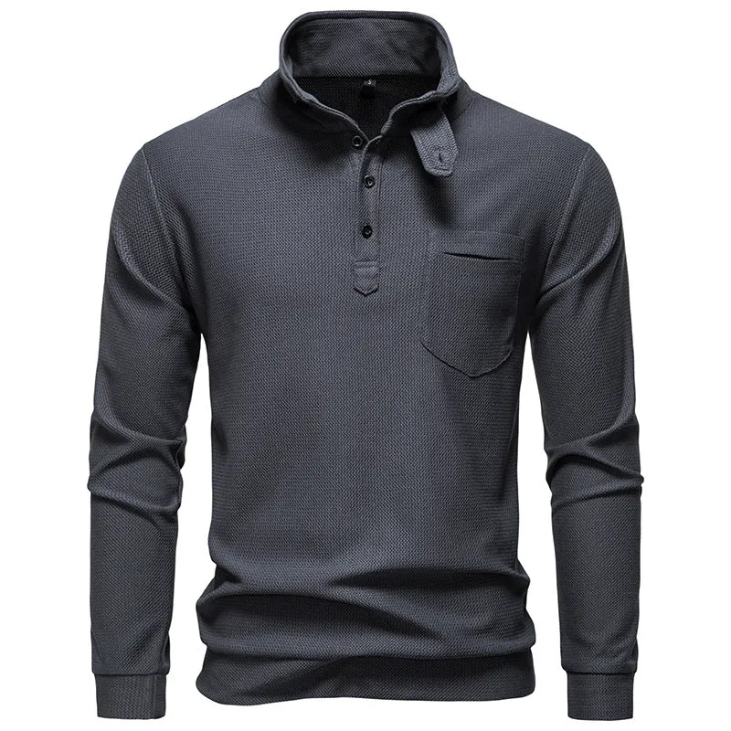 Herren Texturiertes Waffelstrick-Henleyshirt mit hohem Kragen, Knopfleiste und Brusttasche Drune