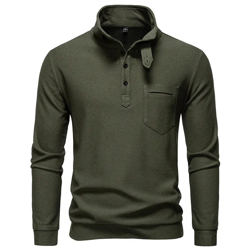 Herren Texturiertes Waffelstrick-Henleyshirt mit hohem Kragen, Knopfleiste und Brusttasche Drune
