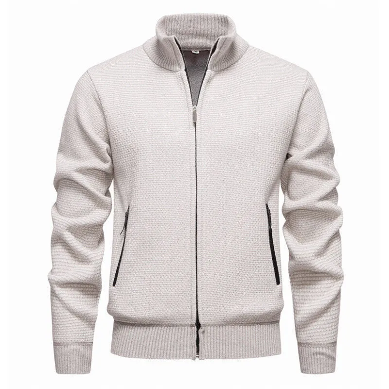 Herren Texturierter Zip-Strickcardigan mit Stehkragen, Waffelstruktur und Reißverschlusstaschen Drune