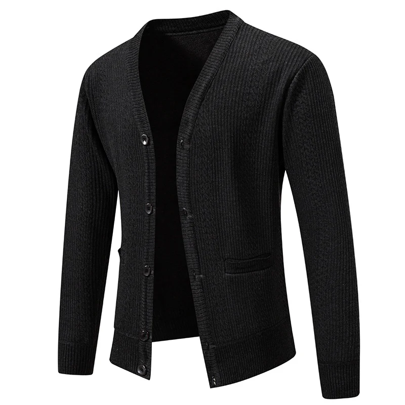 Herren Texturierter V-Ausschnitt Strickcardigan mit Knopfleiste und Eingrifftaschen Drune