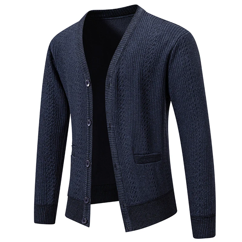 Herren Texturierter V-Ausschnitt Strickcardigan mit Knopfleiste und Eingrifftaschen Drune