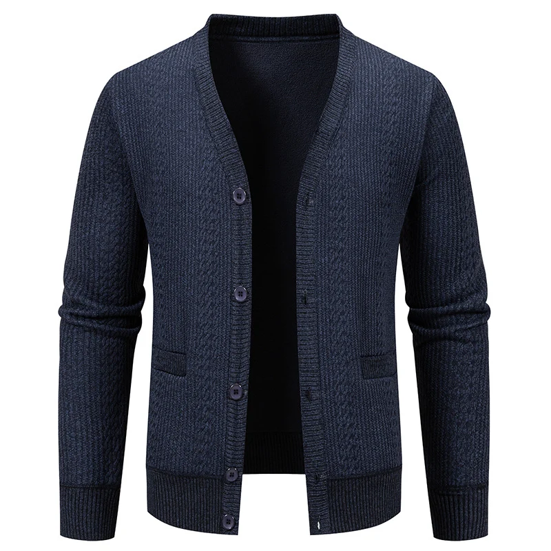 Herren Texturierter V-Ausschnitt Strickcardigan mit Knopfleiste und Eingrifftaschen Drune