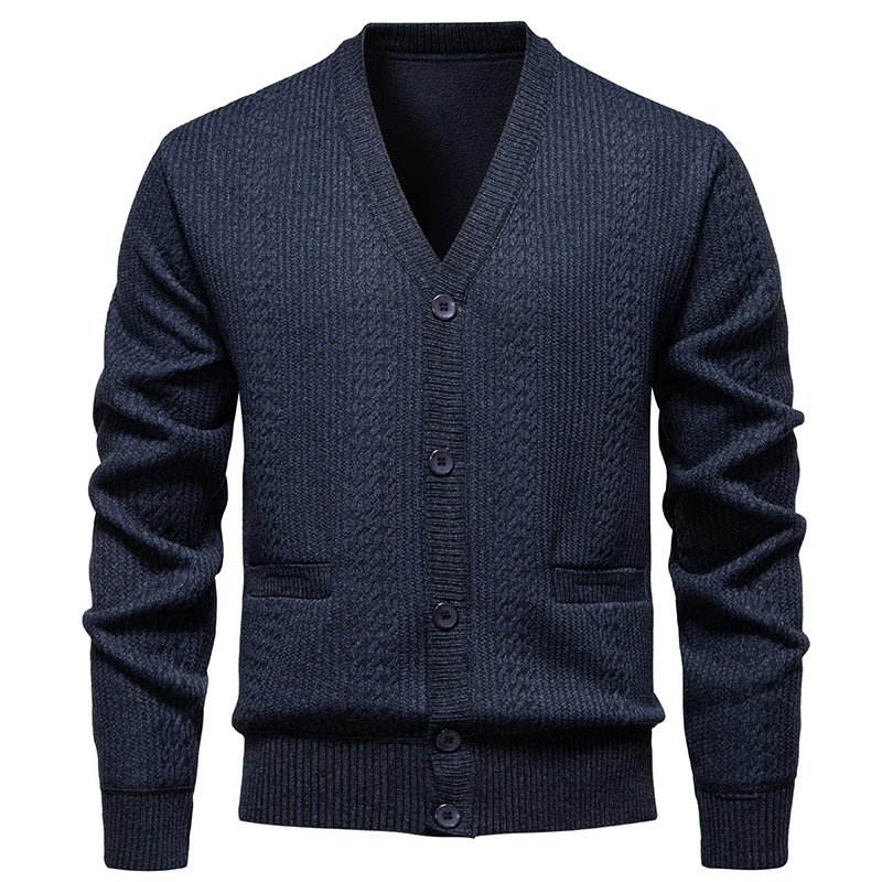 Herren Texturierter V-Ausschnitt Strickcardigan mit Knopfleiste und Eingrifftaschen Drune