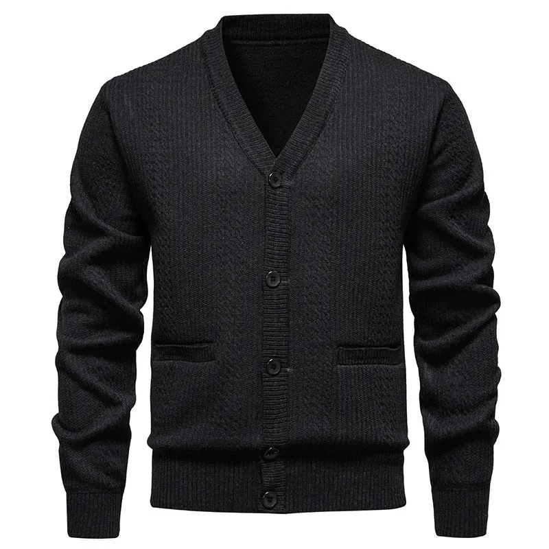 Herren Texturierter V-Ausschnitt Strickcardigan mit Knopfleiste und Eingrifftaschen Drune