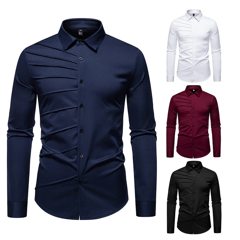Herren Tailliertes Business-Hemd mit diagonalem Zierfalten-Design Drune