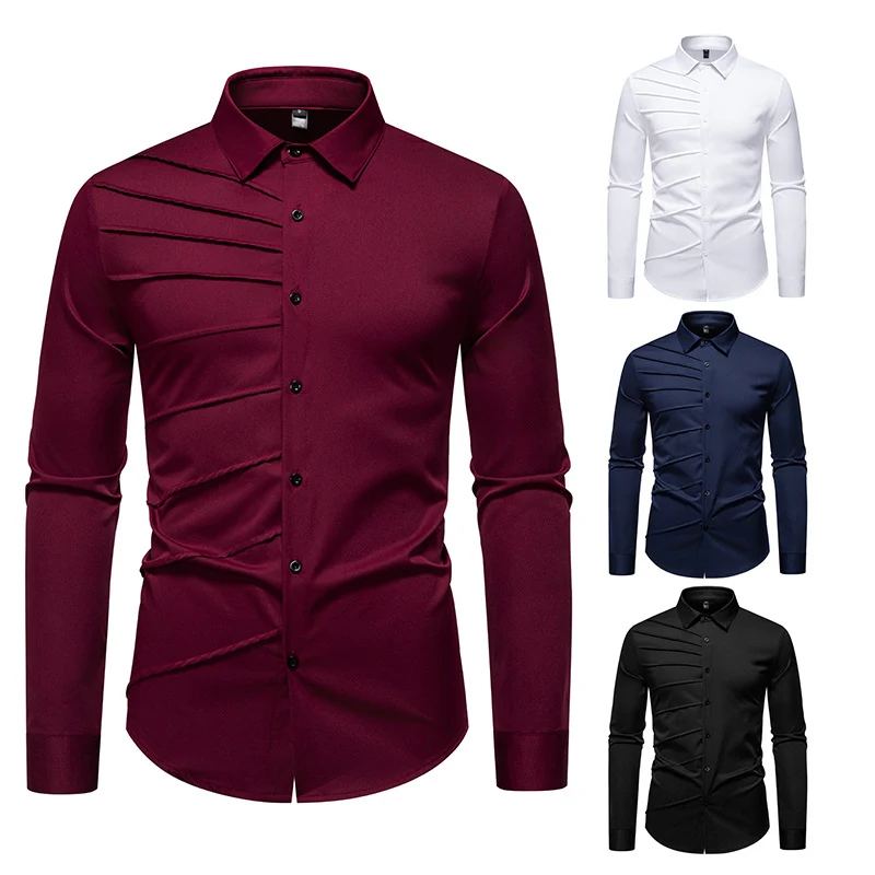 Herren Tailliertes Business-Hemd mit diagonalem Zierfalten-Design Drune