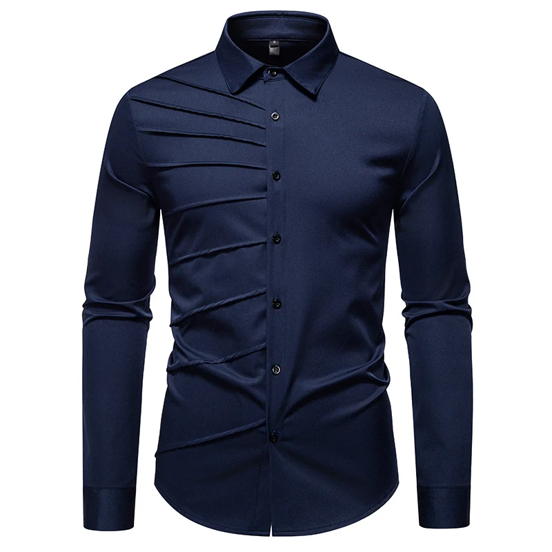 Herren Tailliertes Business-Hemd mit diagonalem Zierfalten-Design Drune