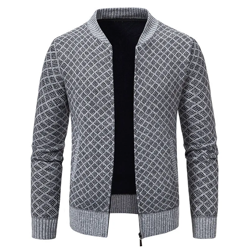 Herren Taillierter Jacquard-Zip-Cardigan mit Diamantstruktur und Eingrifftaschen Drune