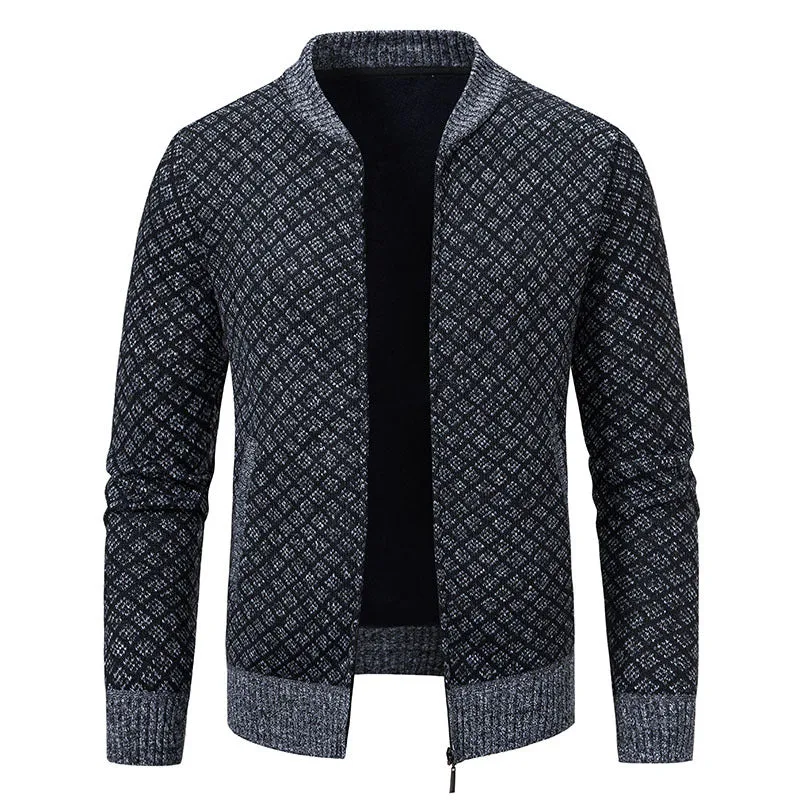 Herren Taillierter Jacquard-Zip-Cardigan mit Diamantstruktur und Eingrifftaschen Drune