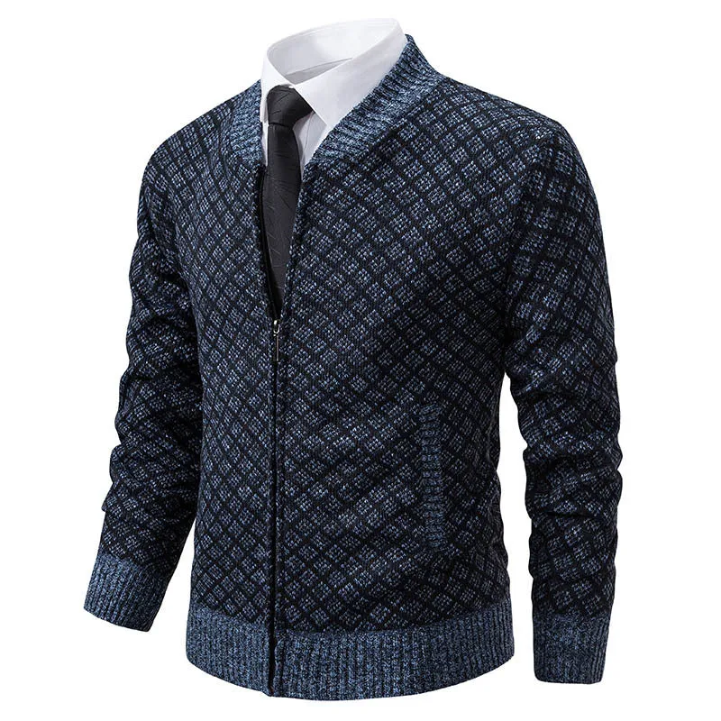 Herren Taillierter Jacquard-Zip-Cardigan mit Diamantstruktur und Eingrifftaschen Drune