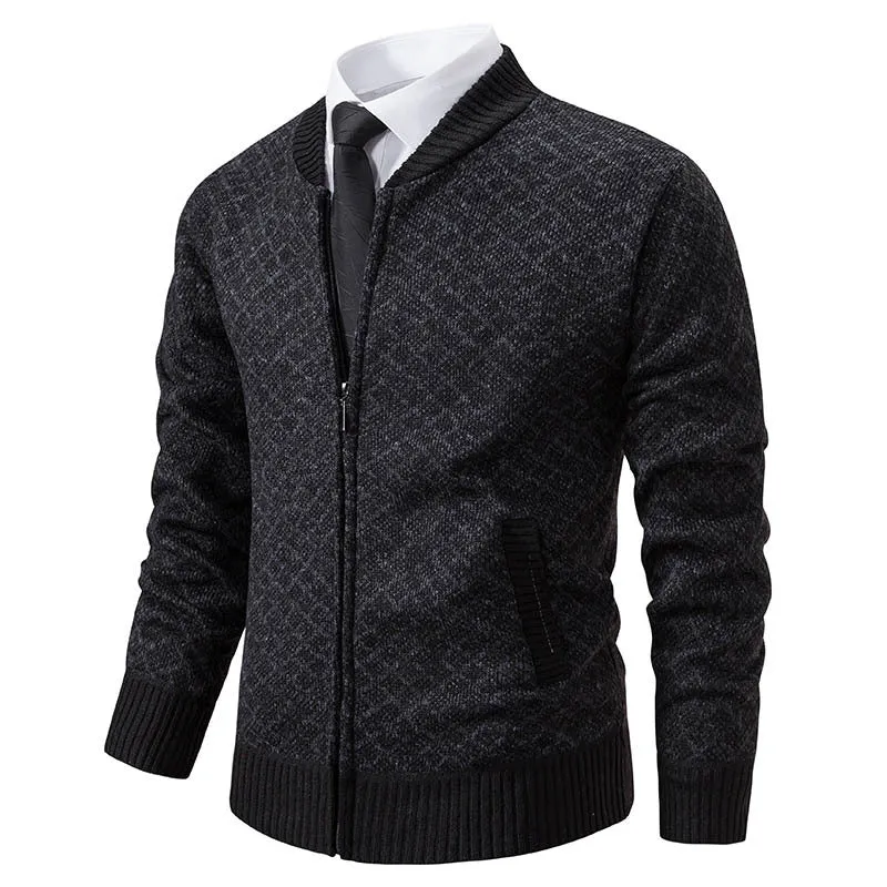 Herren Taillierter Jacquard-Zip-Cardigan mit Diamantstruktur und Eingrifftaschen Drune