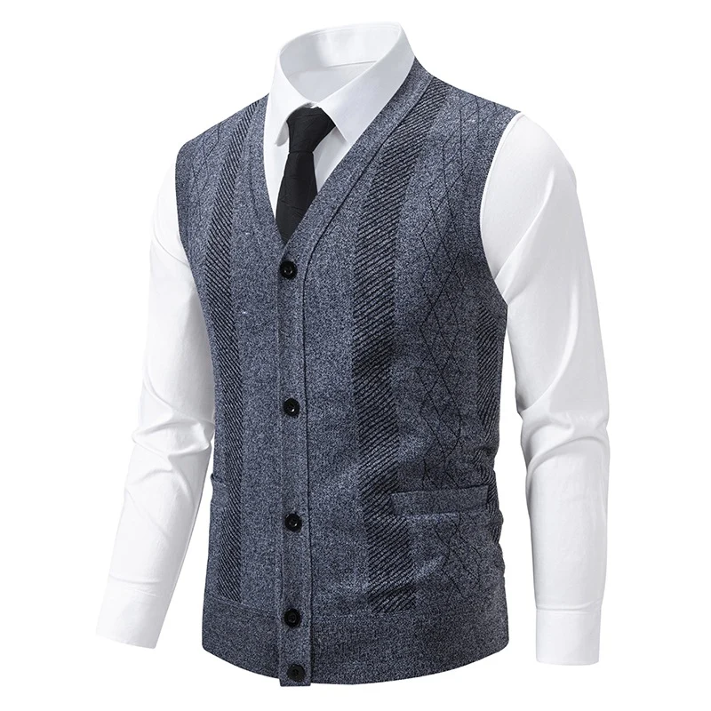 Herren Taillierte Feinstrick‑Weste mit V‑Ausschnitt, Knopfleiste und Eingrifftaschen Drune