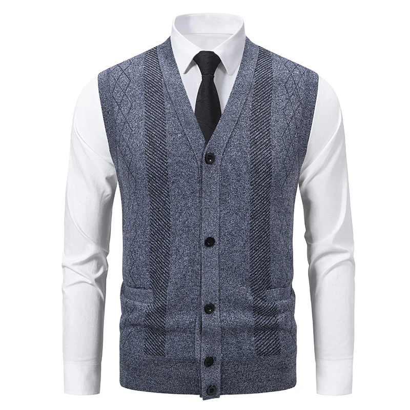 Herren Taillierte Feinstrick‑Weste mit V‑Ausschnitt, Knopfleiste und Eingrifftaschen Drune