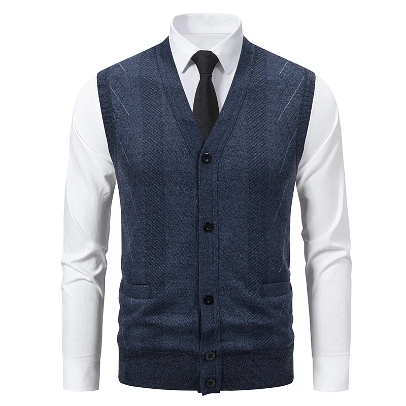 Herren Taillierte Feinstrick‑Weste mit V‑Ausschnitt, Knopfleiste und Eingrifftaschen Drune