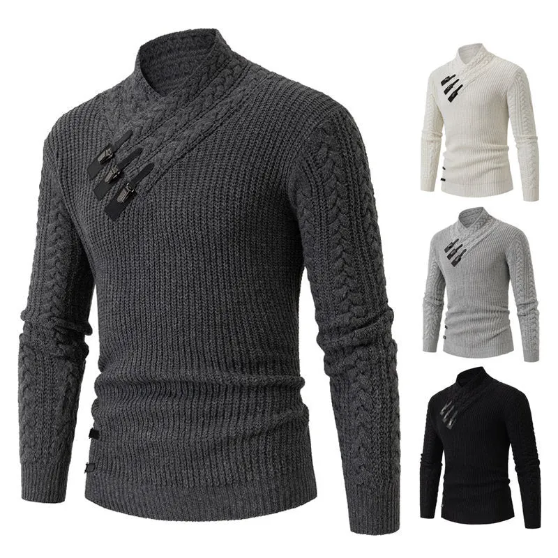 Herren Strukturiertes Zopfmuster-Mockneck-Pullover mit asymmetrischer Riegelverzierung Drune